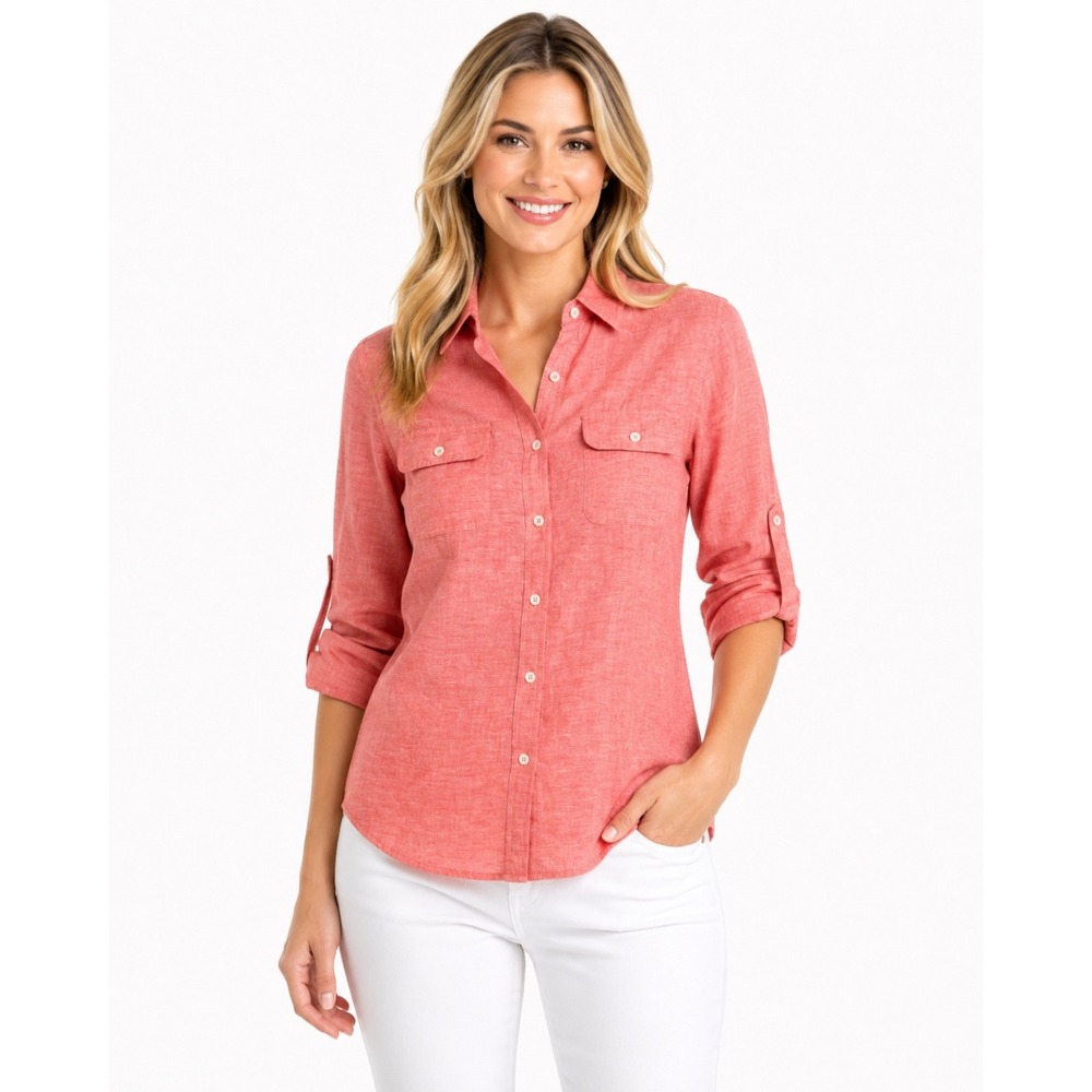Banana Republic Soft Wash Shirt Coral Pink Linen Cotton Roll Tab Sleeve NWT XS